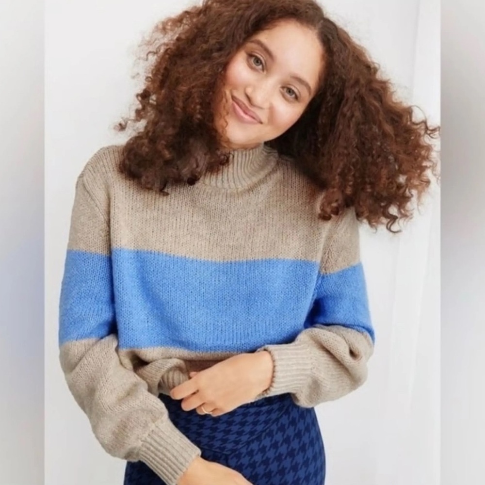 Aerie Oh-Snow-Soft Mock Neck Striped Sweater in an oatmeal/tan and blue